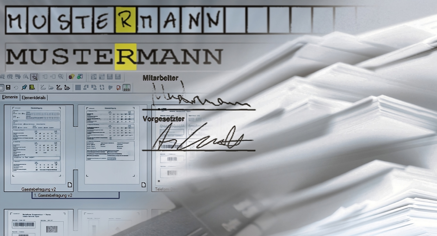 Collage zur Formularerfassung: der Name „Mustermann“ in Kästchenschrift und als erkannter Text, Unterschriften und ein Stapel Formulare