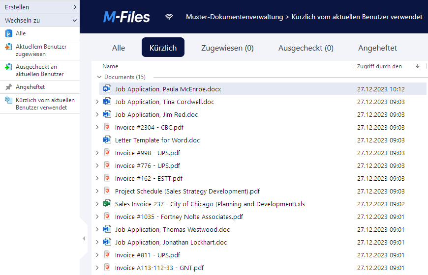 M-Files Desktop in der Ansicht „Kürzlich“: links die Ansichten wie „Aktuellem Benutzer zugewiesen“ und „Angeheftet“, rechts die zuletzt verwendeten Dokumente, darunter Rechnungen, Bewerbungen und eine Briefvorlage. Beispieldaten von M-Files.