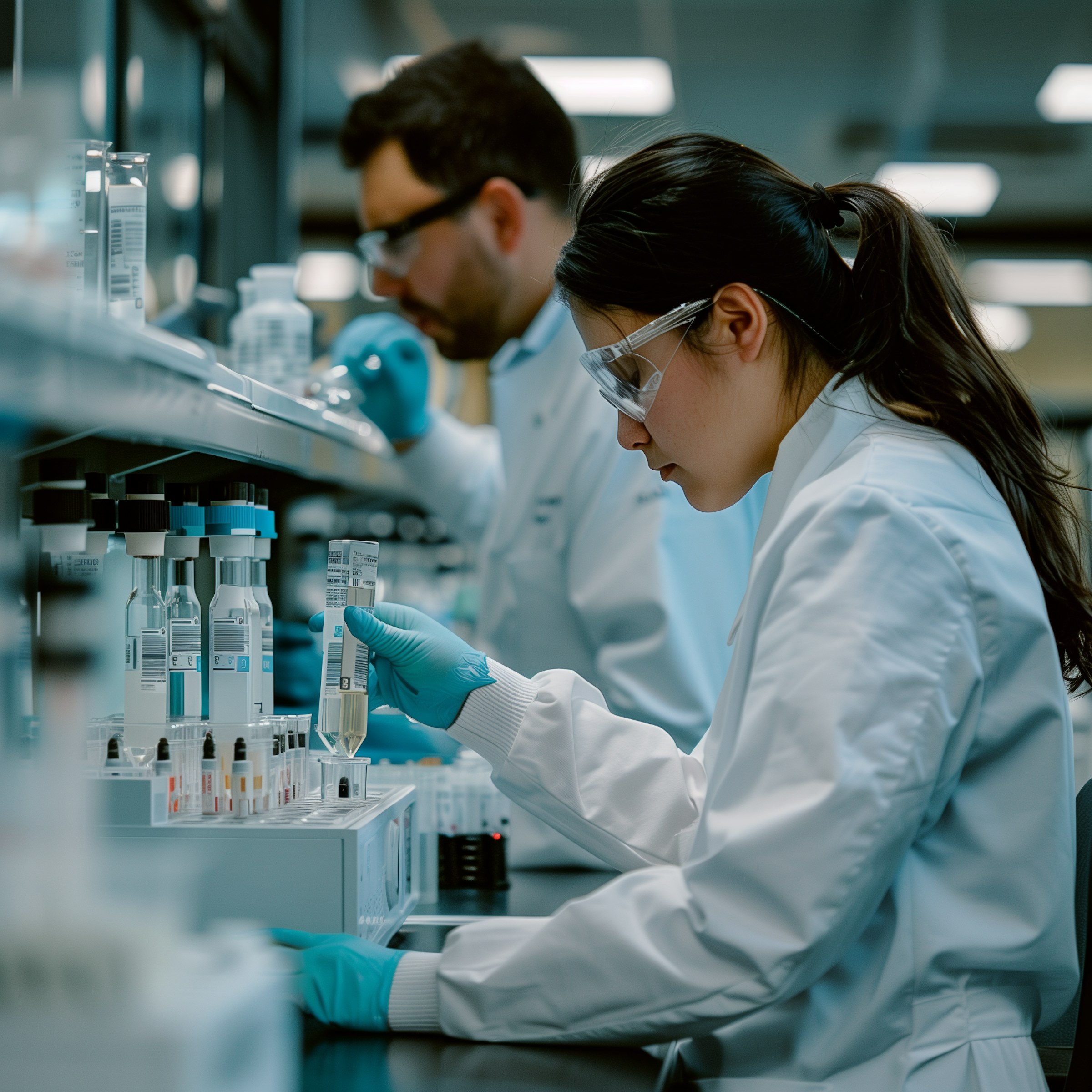 Zwei Personen arbeiten im Labor an Probenröhrchen