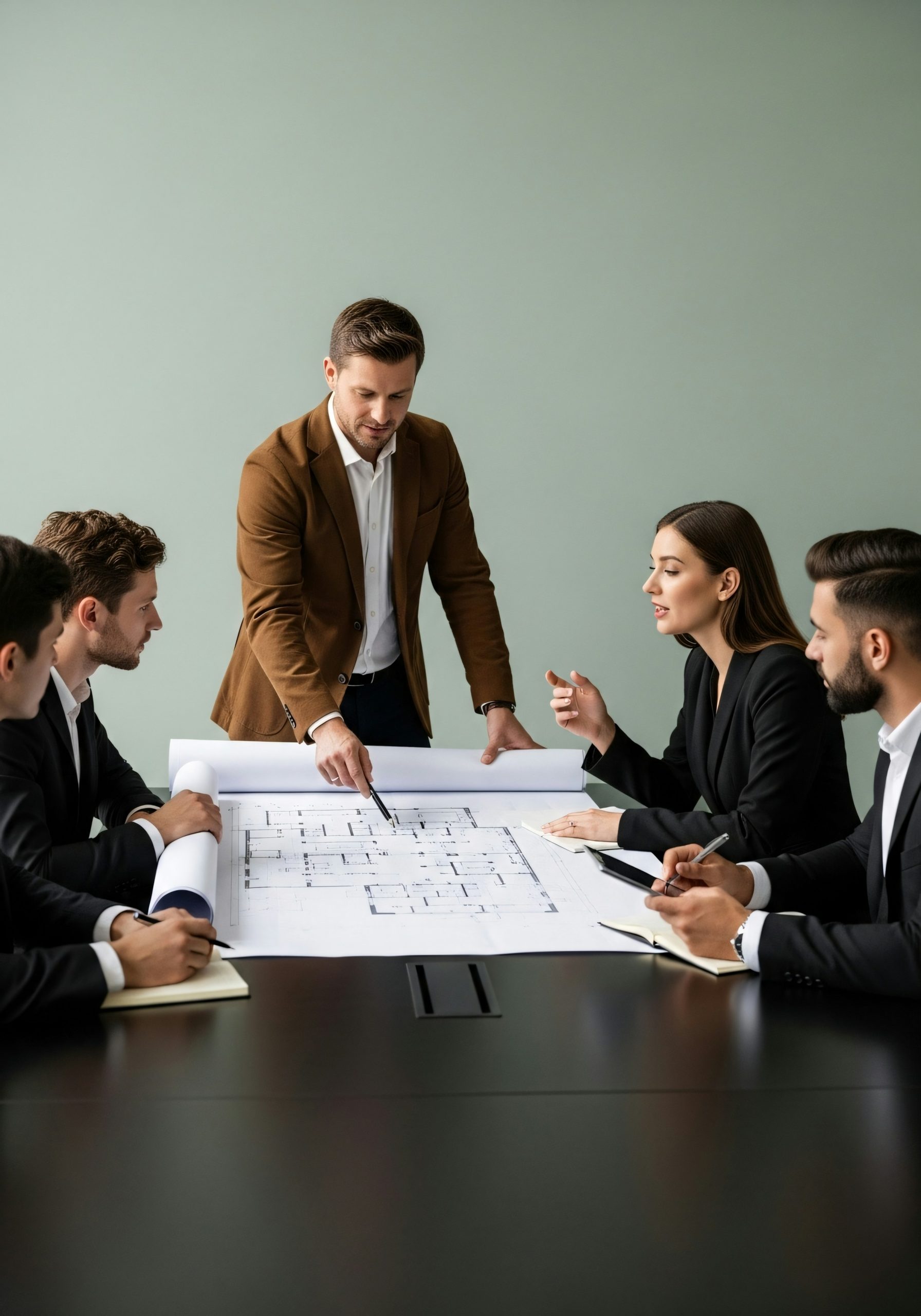 Team bespricht einen ausgerollten Plan am Besprechungstisch