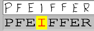 Handschriftlich eingetragener Nachname über dem maschinell erkannten Wert, ein unsicherer Buchstabe ist zur Prüfung hervorgehoben