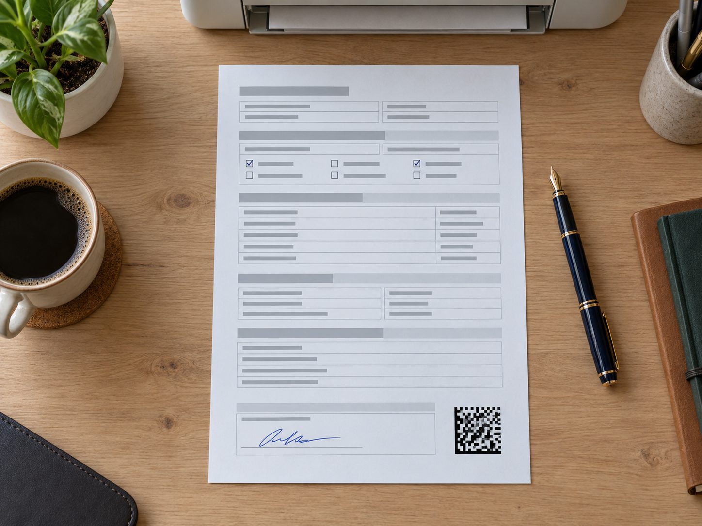 Am Computer ausgefülltes und ausgedrucktes Formular auf dem Schreibtisch, von Hand nur unterschrieben, unten rechts ein 2D-Barcode; dahinter ein Drucker, daneben ein Füller