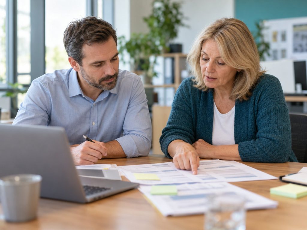 Berater und Qualitätsmanagerin besprechen ausgedruckte Verfahrensanweisungen am Besprechungstisch
