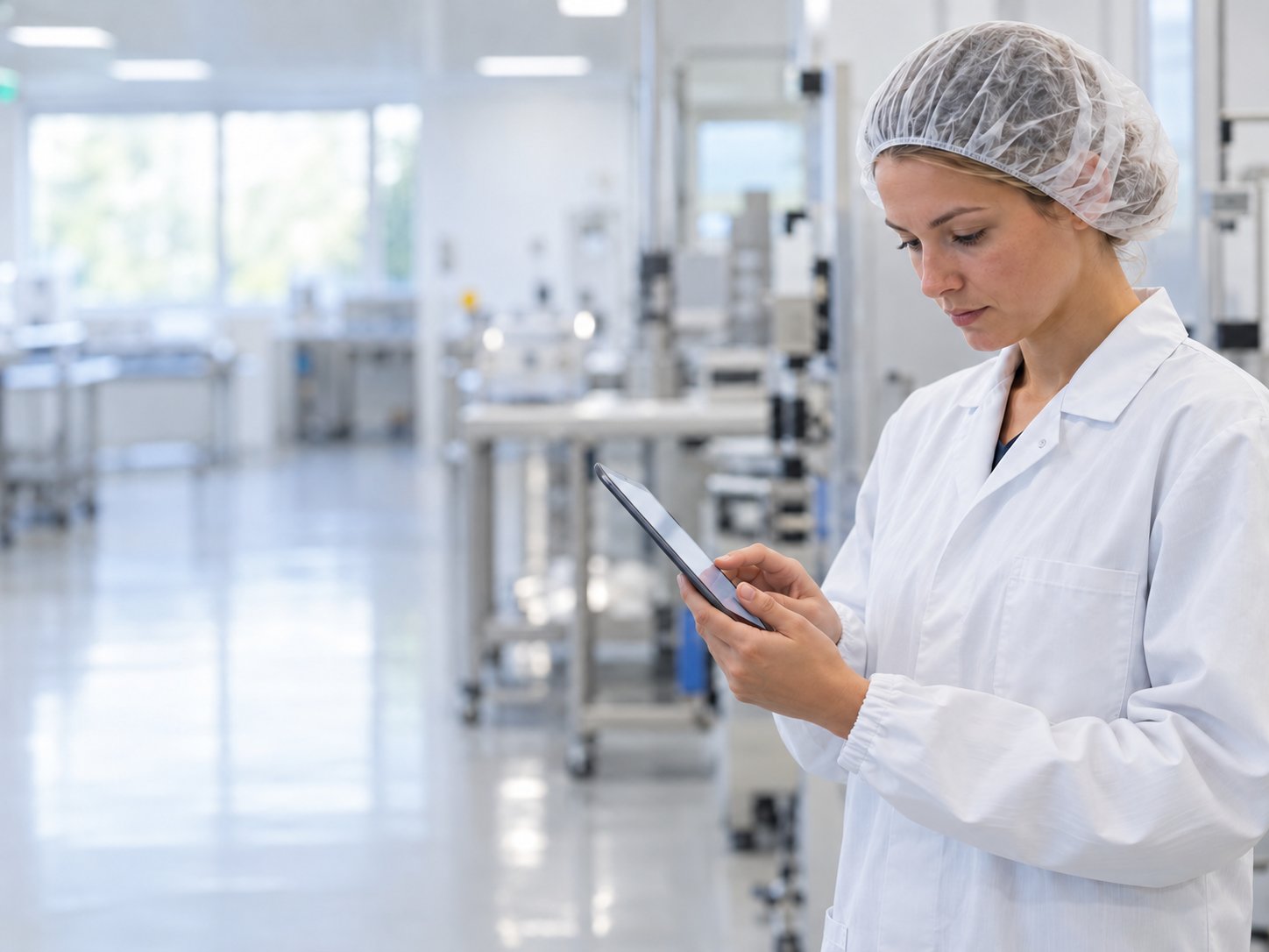 Mitarbeiterin in Laborkittel und Haarnetz liest in einer Produktionsumgebung eine Arbeitsanweisung auf dem Tablet