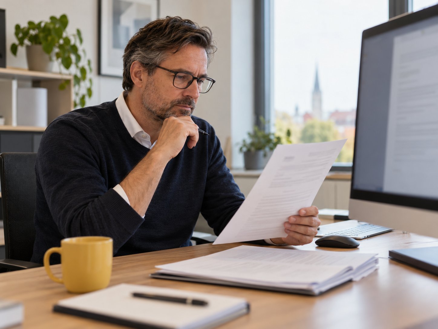 Mann mit Brille liest am Schreibtisch einen Vertrag; vor ihm liegen weitere Unterlagen, daneben steht ein Bildschirm.